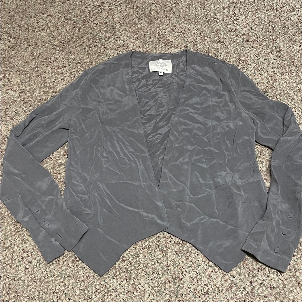 Madison Marcus 100% silk open Front grey Blazer with distressed back insert